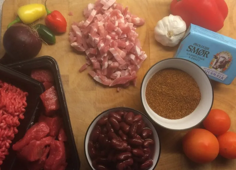 Chili con Carne med oksekød i tern - stort